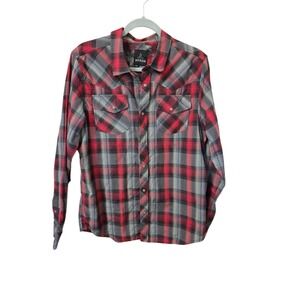 Prana Shirt Mens Medium Red Gray Plaid Western Pearl Snap Holstad Organic Hiking